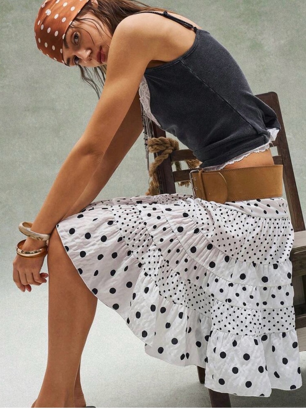 Tiered A-Line Polka Dot Midi Skirt - White with Black Dots